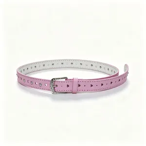 Detailed view of pink heart cutout belt with sparkly rhinestone buckle