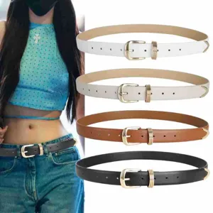 Stylish minimalist thin leather belt set with gold metal buckle, multi-color casual waist belt.