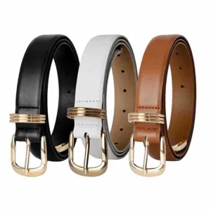 Detail view of the stylish triple ring leather belt set with golden buckle for casual wear.