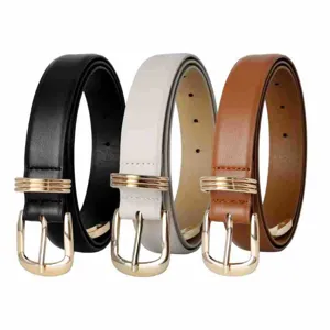 Set of 3 slim leather belts with gold buckles in black white brown for jeans and daily wear