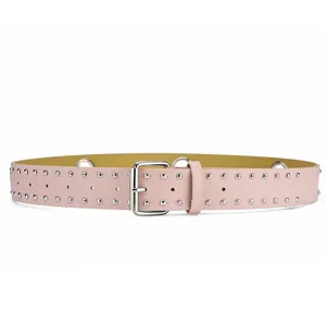 Pink studded belt detail view, punk style metal eyelet and pin buckle design accessories.