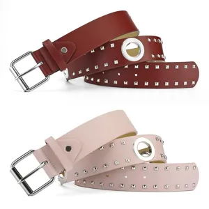 Unisex punk style grommet leather belt with metal square buckles and fashion studs