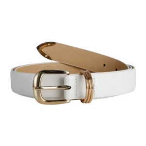 White leather belt detail showcasing polished gold-tone buckle, triple rings and metal tip.