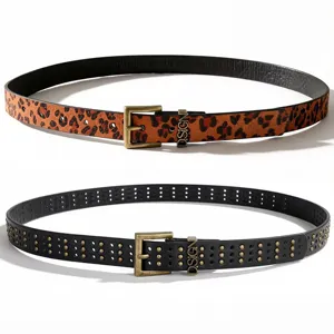 Punk style leopard print and studded hollow leather belts for women with D.SIGN buckle