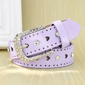 Stylish lavender glossy belt featuring heart cutouts and rhinestones for women's outfits