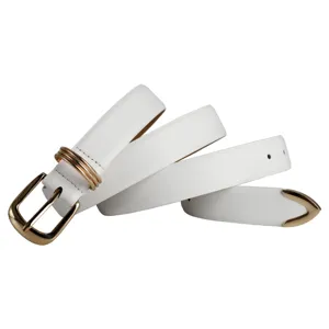 Elegant white leather belt with gold buckle and multi rings, perfect for jeans and dresses.
