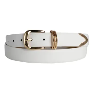White belt detail featuring a shiny gold metal buckle, triple rings, and a sleek metal tip end.