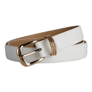 Stylish white leather belt detail with a polished gold-tone buckle and triple metal loops.