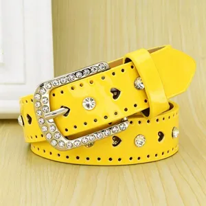 Yellow glossy heart-shaped hollow belt with rhinestones and square pin buckle for women