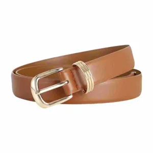 Detailed view of a stylish brown leather belt featuring a polished gold pin buckle detail.