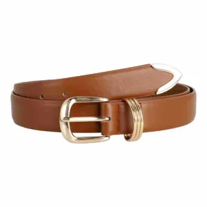 Brown leather belt with gold buckle and metal tip stylish accessory for casual jeans