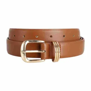 Brown leather belt detail featuring a polished gold buckle and decorative triple rings for daily wear.