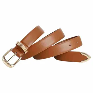 Stylish brown leather belt with gold-toned buckle and tip, perfect for jeans and casual wear.