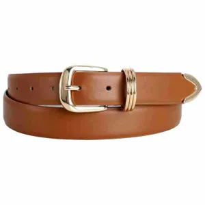 Brown leather belt detail shot with gold buckle and metal tip accessory for daily casual wear.