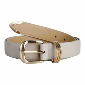 Stylish light gray leather belt featuring shiny gold buckle and triple metal rings.