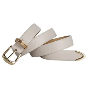 Minimalist leather belt with elegant gold buckle, three rings and metal tip detail.