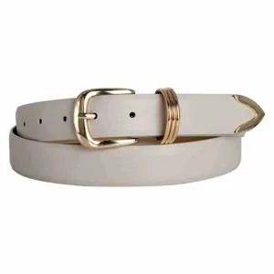 Close-up detail of light grey leather belt with gold metal buckle, triple rings and metal tip.