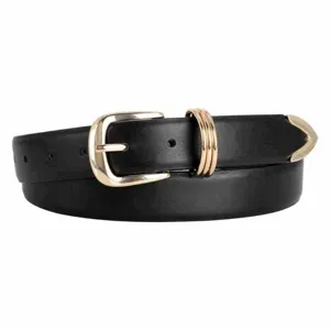 Classic black leather belt with elegant gold-colored buckle, triple loop and sleek metal tip.