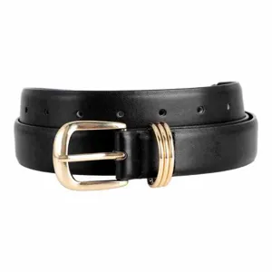 Close-up detail of the black leather belt featuring a polished gold buckle and stylish triple-ring loop.