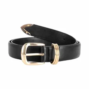 Black leather belt featuring gold buckle and metal tip, stylish casual accessory.
