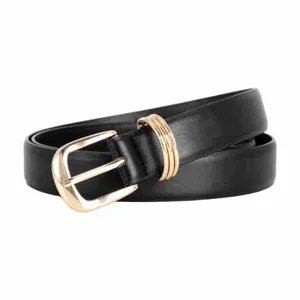 Detailed view of black leather belt with gold metal buckle and decorative triple rings for jeans.