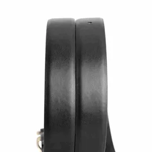 Black leather belt detail shot, slim design with gold buckle for casual jeans and daily wear.