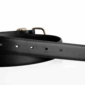 Leather belt detail shot showing black leather strap, metal buckle and adjustment holes.