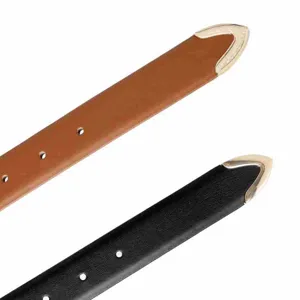 Close-up detail of stylish metal-tipped leather belts in black and brown, elegant design.