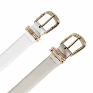 Detailed view of white thin leather belt featuring stylish gold metal buckle and triple rings.