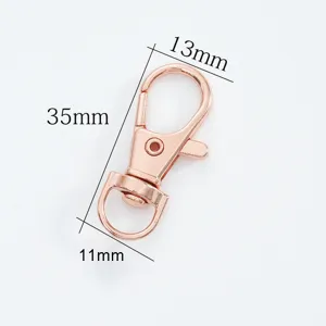 Detail showing 35mm rose gold lobster clasp dimensions for bags and keychains