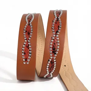 Close-up detail of brown leather belt with silver studs and snakeskin pattern inlay