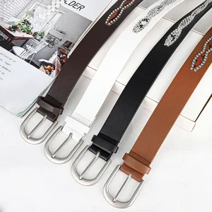 Fashionable women's leather belts featuring sparkling rhinestone snake designs in four colors