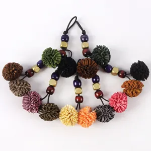 Vintage PU leather tassel ball charm with wooden beads for handbag bag doll and shoe decoration