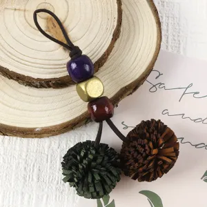 Vintage PU double-color tassel ball charm with wooden beads for bags, plush toys, and shoes.