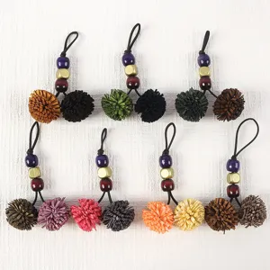 Retro PU Leather Tassel Ball Bag Charm With Wooden Beads Bohemian Handbag Shoe Decoration Pendant Vintage Accessories