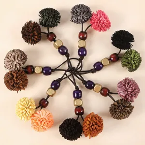 Vintage PU leather pom pom tassel pendant with wooden beads for bags and shoes accessories.