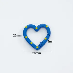 Blue heart-shaped spring clasp detail showing 25x26mm dimensions and 3mm thickness for DIY jewelry.