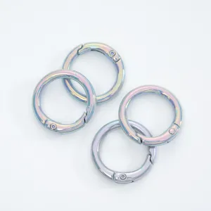 AB color metal spring rings, open round spring clasps for jewelry making and keychain accessories.