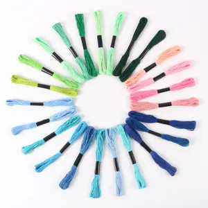 Circular arrangement of colorful polyester embroidery floss skeins for cross stitch.