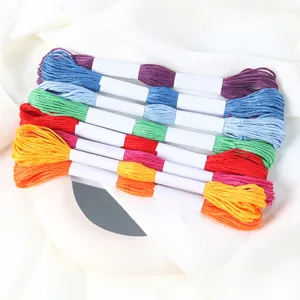 Detailed macro view of vibrant multi-colored 6-strand polyester embroidery thread skeins