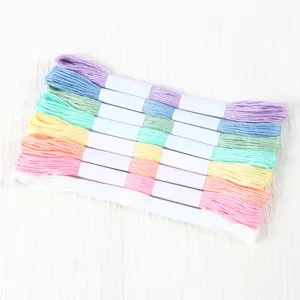 Detailed macro view of multi-colored polyester embroidery floss skeins in soft pastel tones