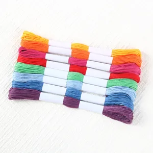 Detail shot of colorful 6-strand polyester embroidery floss skeins for cross stitching.