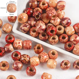 Natural wooden beads detail view with Chinese style floral patterns for DIY jewelry arts.