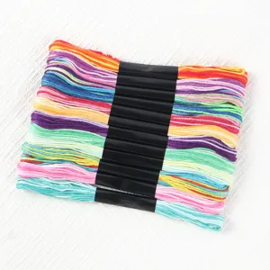 Macro detail view showing a vibrant assortment of multi-strand polyester embroidery floss