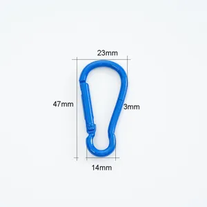 Blau lackierter Karabinerhaken in Birnenform mit 47 mm Länge und 3 mm Dicke Markierungen