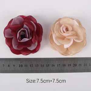 Detailed view of 7.5cm chiffon burnt edge fabric rose flowers with measurement ruler