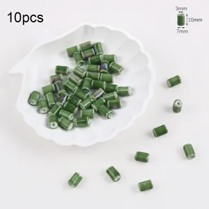 Detailed view of green glazed ceramic tube beads 10pcs with dimensions for DIY jewelry