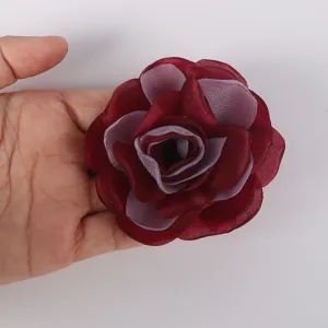 Close-up of 7.5cm red and purple chiffon burnt edge rose for DIY craft and sewing