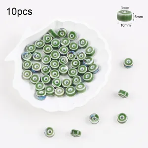 Detailed view of 10mm green ceramic glaze beads with dimensions and 3mm hole size
