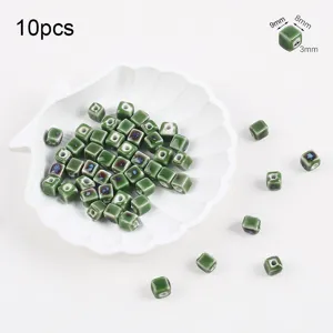 Detailed view of 10pcs square green ceramic beads with kiln-changed glaze for DIY crafts
